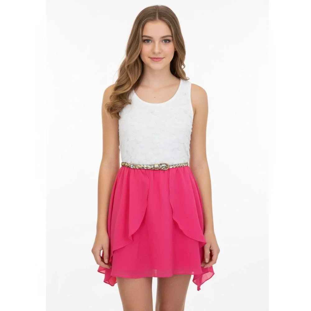 Truly Me Boutique Tween Girls Dress Hot Pink and Wgite Chiffon Belted sz 16 NEW
